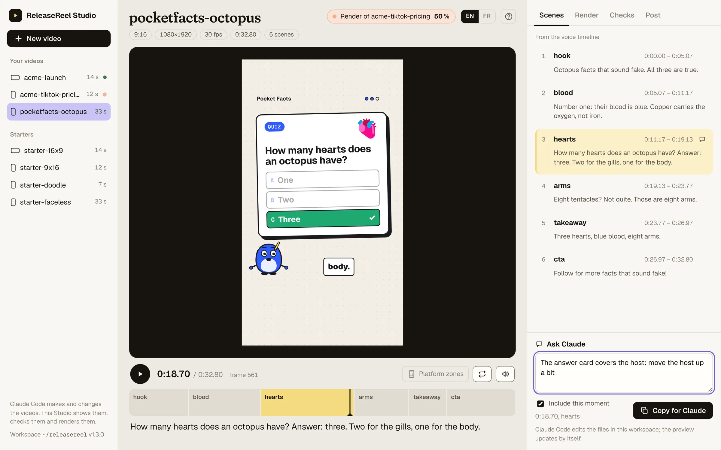ReleaseReel Studio: a vertical video playing live, its scenes on a strip, the line being spoken, and a change written for Claude.